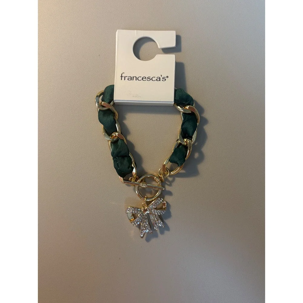 Francesca's Emerald Green Satin Ribbon Gold Chain Rhinestone Bow Bracelet NEW‎